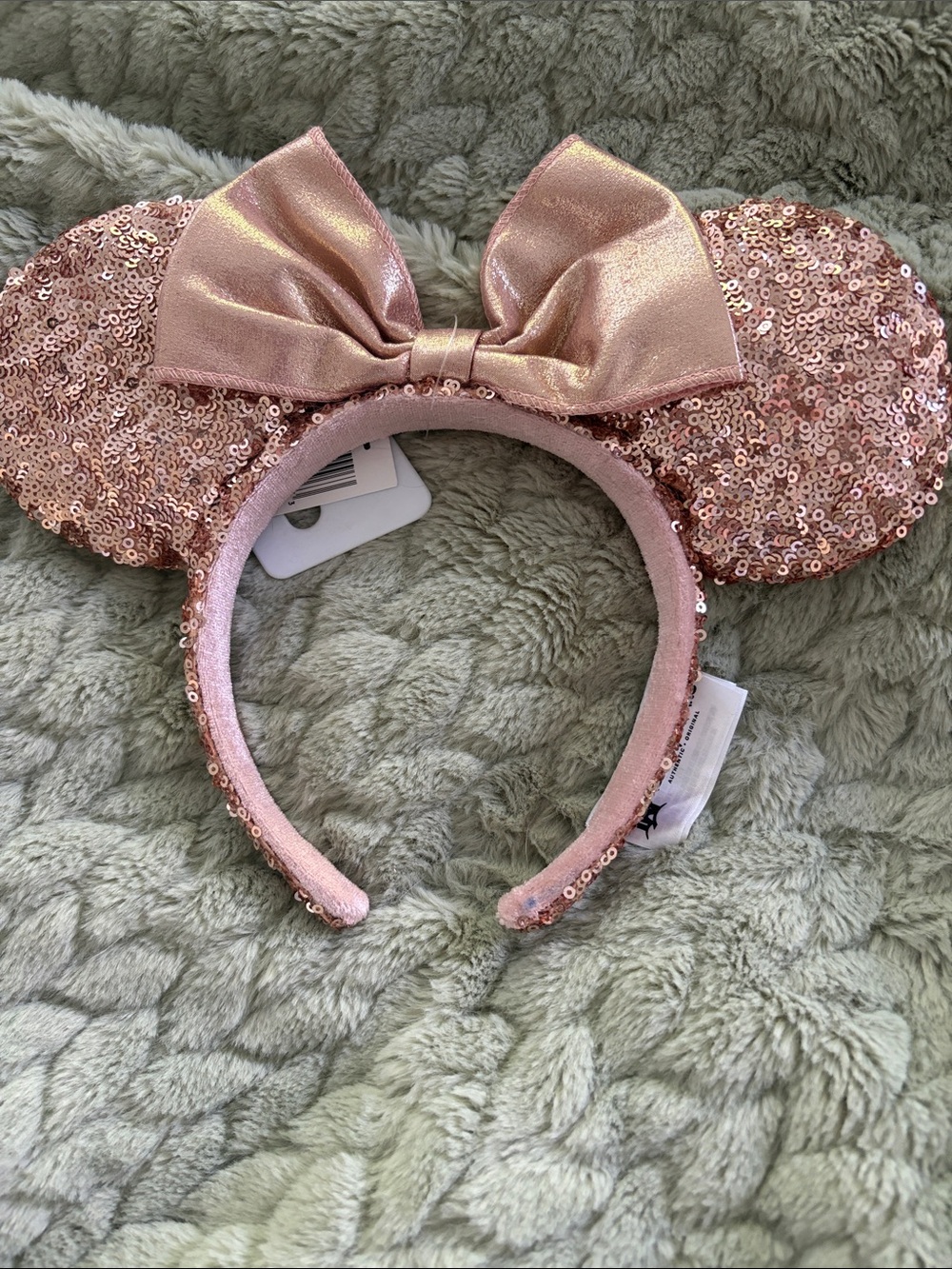 Disney Rose Gold Sequin Minnie Ear Headband with Metallic Bow
